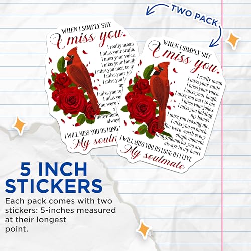 (2 Pack) I Miss You Stickers - Soulmate - Romantic Red Bird Love Design - 5" On Longest Side - Sticks to Smooth Flat Surfaces - Made in USA - BMCS6118