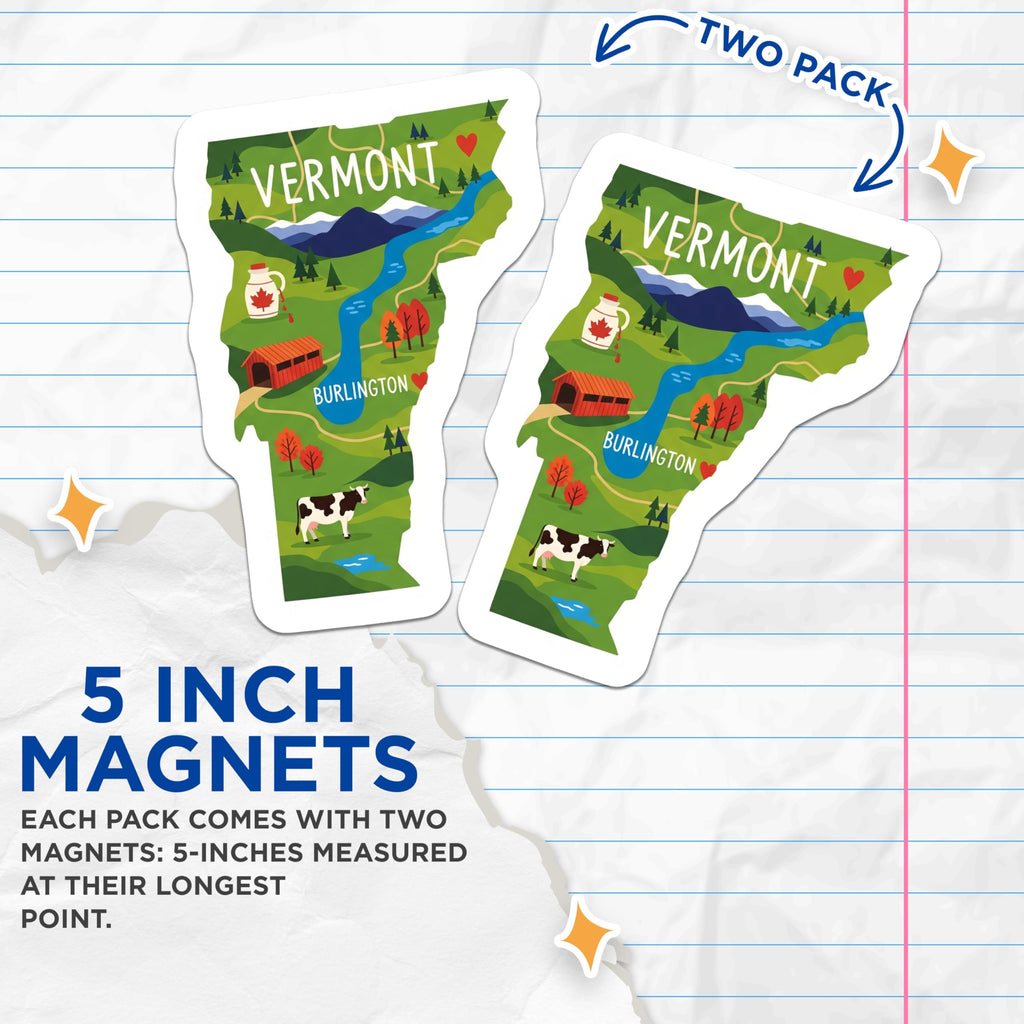 (2 Pack) Vermont State Magnets - Burlington Map Art - Cow Fridge Decors - 5" On Longest Side - Premium Magnet - for Cars, Refrigerators, Toolboxes, Lockers - Made in USA - MAG16132