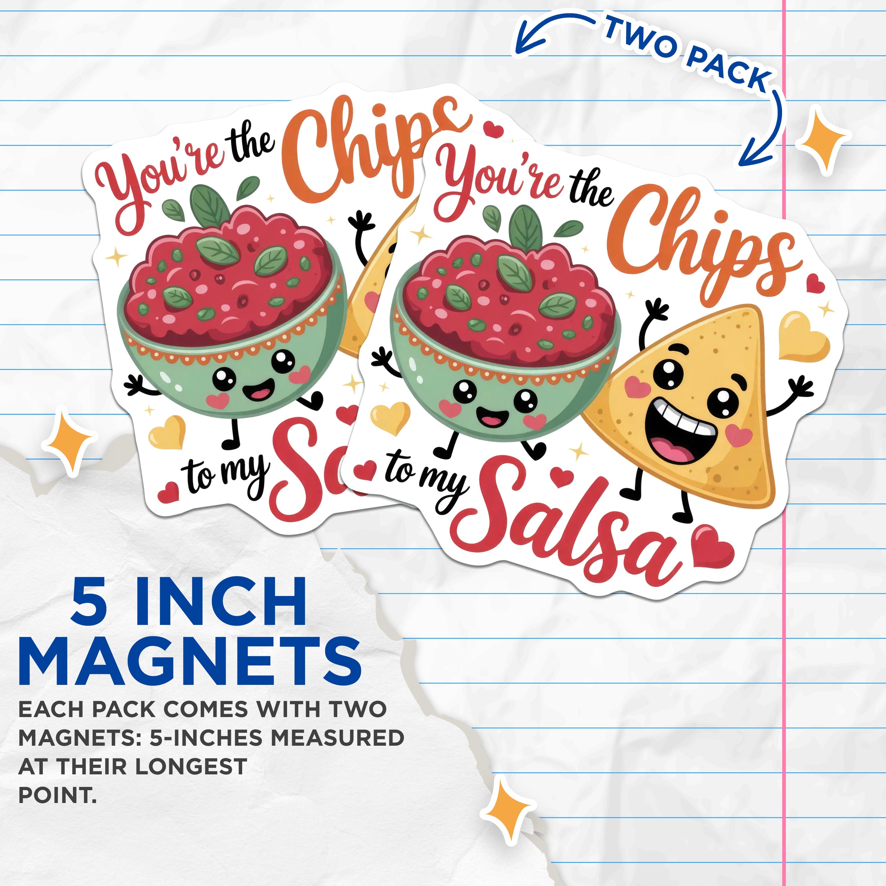 (2 Pack) Chips and Salsa Magnets - Funny Couple Magnets - Cute Food Pun Decor for Kitchen Refrigerator - 5 Inches On Longest Side - Thick Durable Magnet - Made in USA - MAG36422