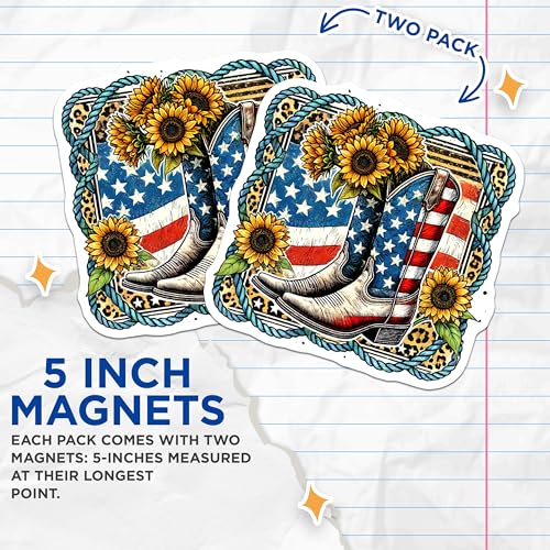 (2 Pack) USA Flag Cowboy Boots Magnets - Patriotic Sunflowers - American Flag Decor - 5" On Longest Side - for Cars, Fridges, Toolboxes - Made in USA - MAG7875