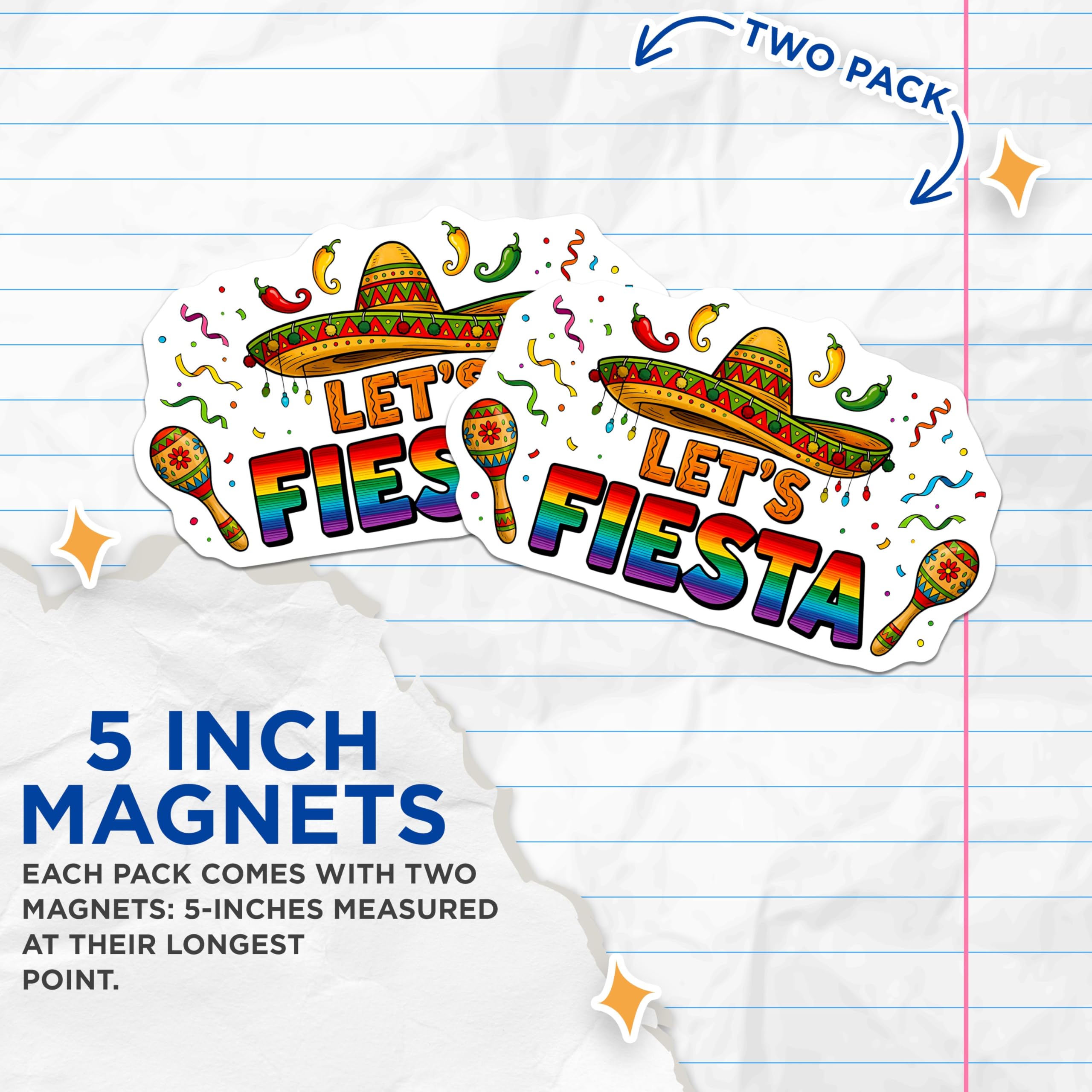 (2 Pack) Let's Fiesta Magnets - Sombrero Maracas Chili Pepper Design - Colorful Rainbow Celebration Decor - 5 Inches On Longest Side - Thick Durable Magnet - Made in USA - MAG24971