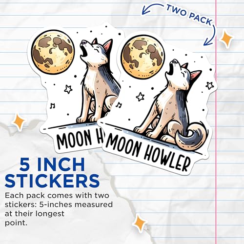 (2 Pack) Dog Howling at Moon Stickers - Husky Wolf Howler Decal - Cute Animal Art Stickers - 5" On Longest Side - Sticks to Smooth Flat Surfaces - Made in USA - BMCS3622
