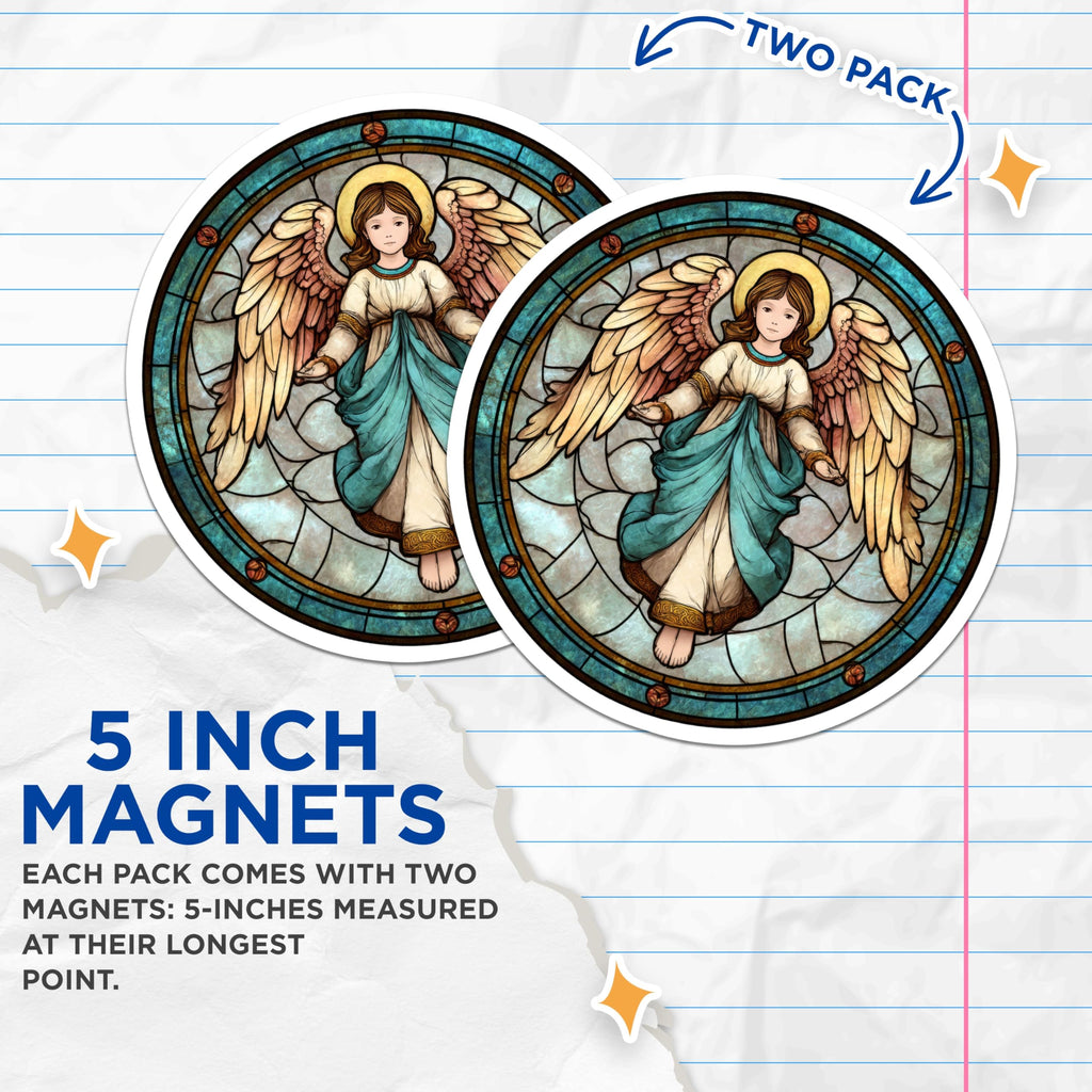 (2 Pack) Angel Magnets - Stained Glass Decor - Religious Artwork - 5" On Longest Side - Premium Magnet - for Cars, Refrigerators, Toolboxes, Lockers - Made in USA - MAG14316