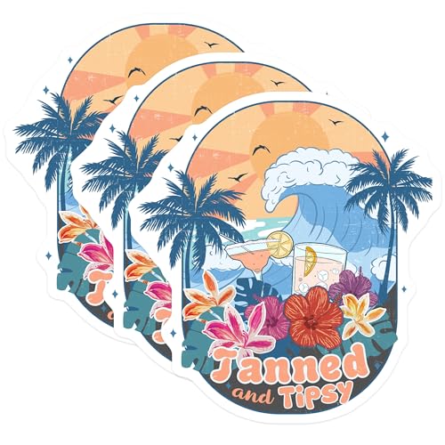 (3 Pack) Tanned and Tipsy Decals - Tropical Vacation - Cocktail Stickers- 3 Inches On Longest Side - Easy Peel & Apply - Made in USA - 3MCS5886