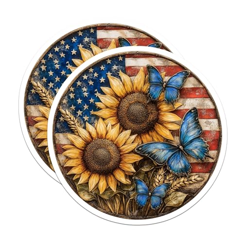 (2 Pack) Sunflower Butterfly Stickers - American Flag Sunflower - Vintage Butterfly Art Stickers - 5" On Longest Side - Sticks to Smooth Flat Surfaces - Made in USA - BMCS9438