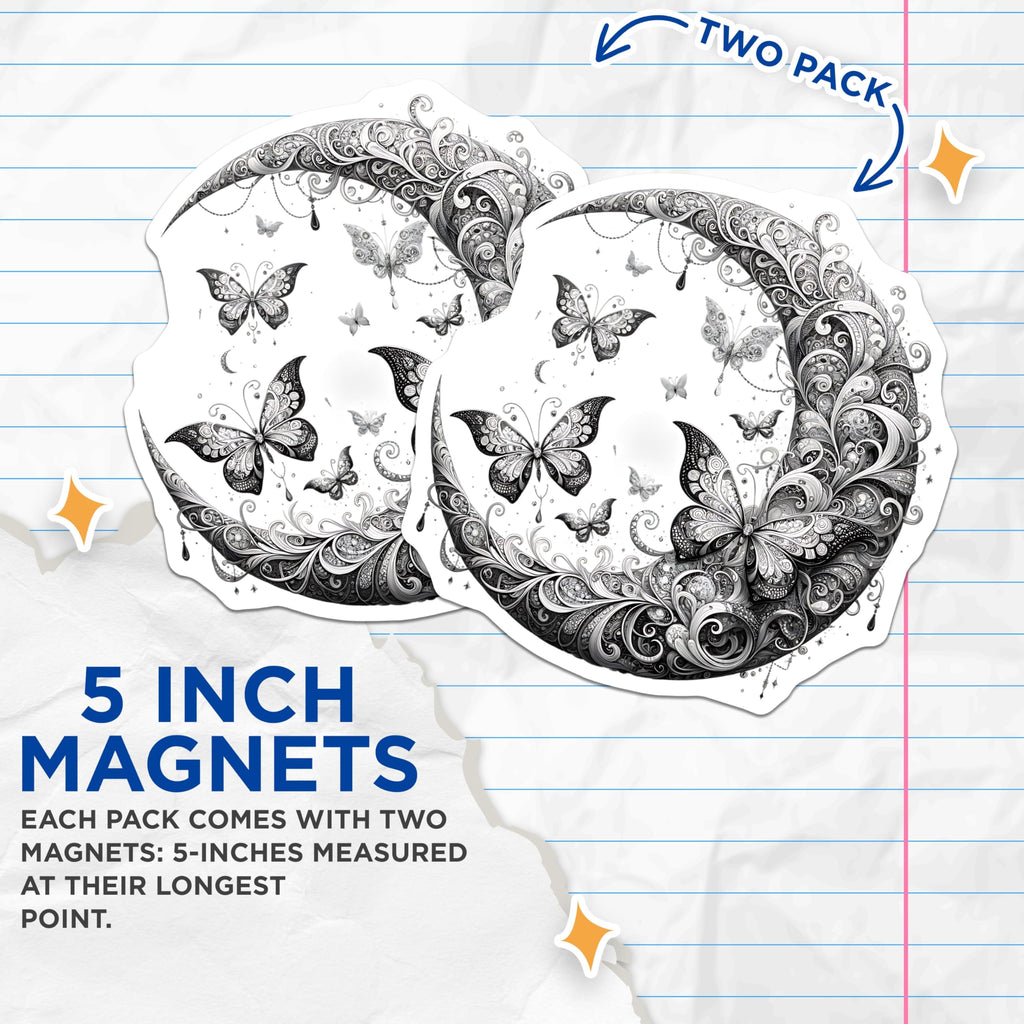 (2 Pack) Butterfly Moon Magnets - Celestial Decor - Decorative Refrigerator Magnets - 5" On Longest Side - Premium Magnet - for Cars, Refrigerators, Toolboxes, Lockers - Made in USA - MAG16236