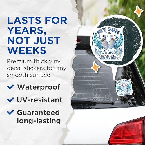 (2 Pack) My Son is My Guardian Angel Stickers - Inspirational Quote - Memorial Decal - 5" On Longest Side - Sticks to Smooth Flat Surfaces - Made in USA - BMCS6127