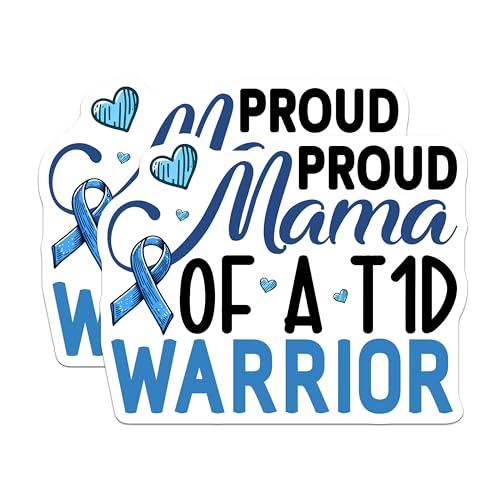 (2 Pack) Proud Mama of A T1D Warrior Stickers - Diabetes Awareness Stickers - Type 1 Diabetes Warrior Stickers - 5" On Longest Side - Sticks to Smooth Flat Surfaces - Made in USA - BMCS3822
