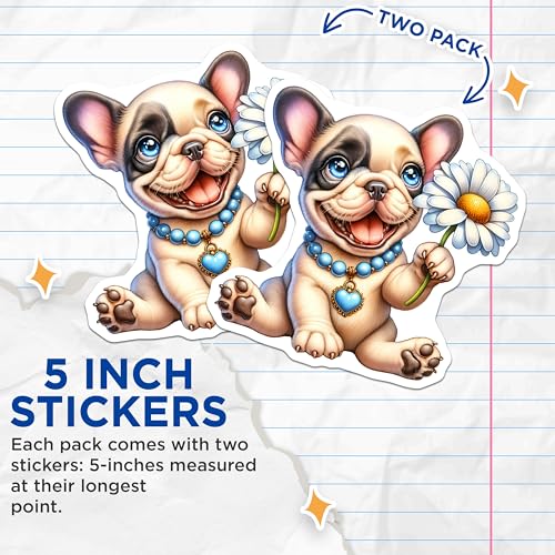 (2 Pack) Cute French Bulldog Stickers - Puppy Art - Adorable Dog Illustration Stickers - 5" On Longest Side - Sticks to Smooth Flat Surfaces - Made in USA - BMCS9586
