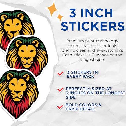 (3 Pack) Rasta Lion Decals - Reggae Decal - Laptop Decal - 3 Inches On Longest Side - Easy Peel & Apply - Made in USA - 3MCS4988