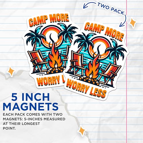 (2 Pack) Camp More Worry Less Magnets - Outdoor Adventure Decor - Fun Camping Quote Fridge Magnets - 5" On Longest Side - for Cars, Fridges, Toolboxes - Made in USA - MAG6928