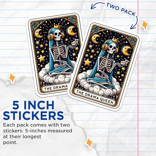 (2 Pack) The Drama Queen Stickers - Skull Stickers - Cute Skeleton Stickers for Journals Scrapbooks Laptops Water Bottles - 5" On Longest Side - Sticks to Smooth Flat Surfaces - Made in USA - BMCS5394