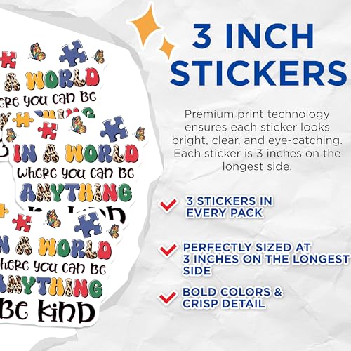 (3 Pack) Be Kind Decals - Autism Awareness Stickers - Butterfly Decals - 3 Inches On Longest Side - Easy Peel & Apply - Made in USA - 3MCS7191