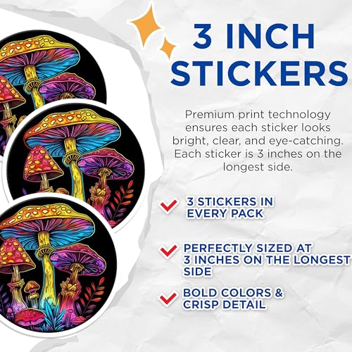 (3 Pack) Mushroom Decals - Trippy Fungi Stickers - Colorful Laptop Art- 3 Inches On Longest Side - Easy Peel & Apply - Made in USA - 3MCS5597