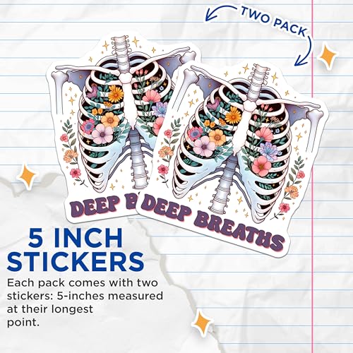 (2 Pack) Deep Breaths Floral Ribcage Stickers - Inspirational Anatomy - Positive Affirmation - 5" On Longest Side - Sticks to Smooth Flat Surfaces - Made in USA - BMCS8250