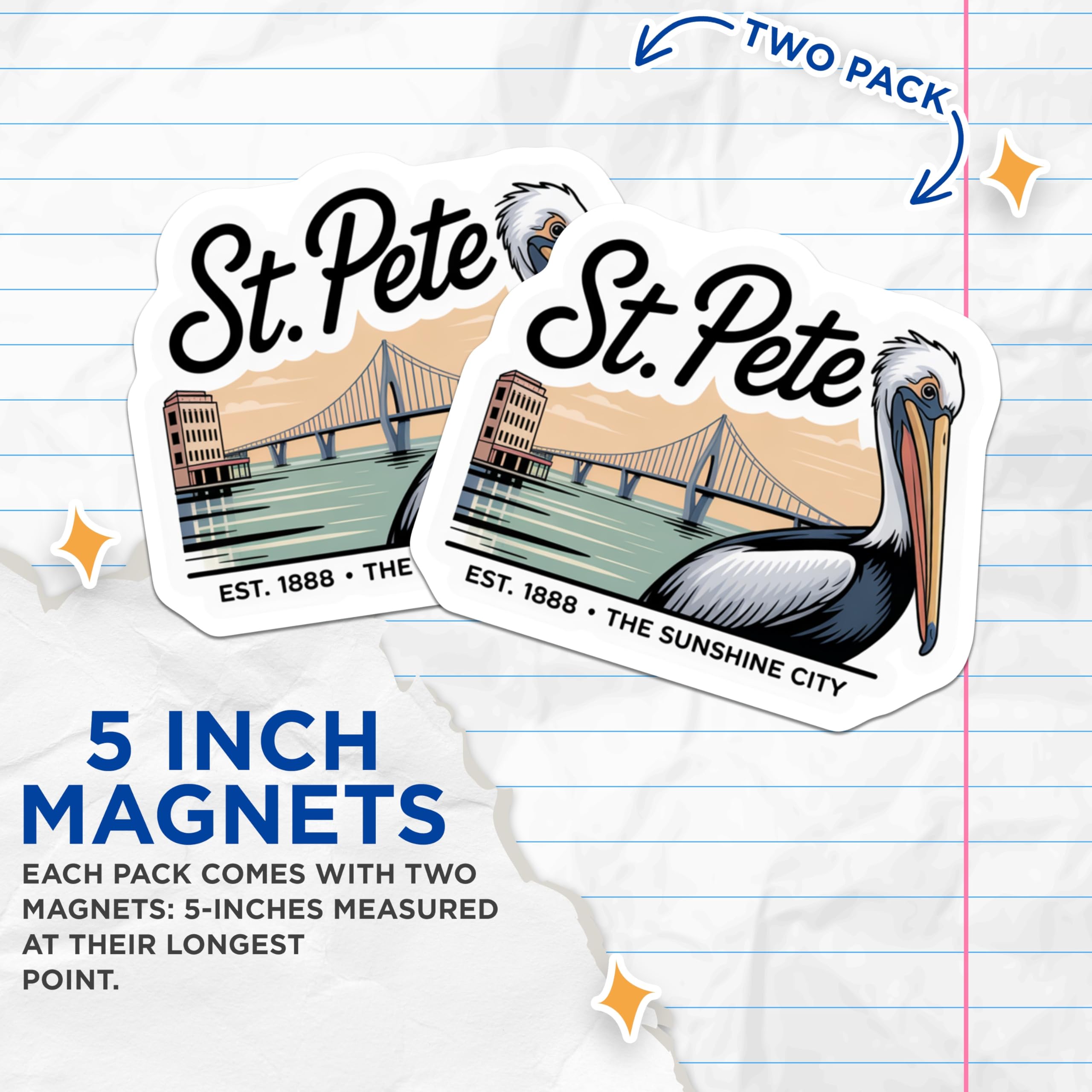 (2 Pack) St Pete Florida Magnets - Sunshine City - Pelican Decor Souvenir Fridge Magnets - 5" On Longest Side - Premium Magnet - for Cars, Refrigerators, Toolboxes, Lockers - Made in USA - MAG17231