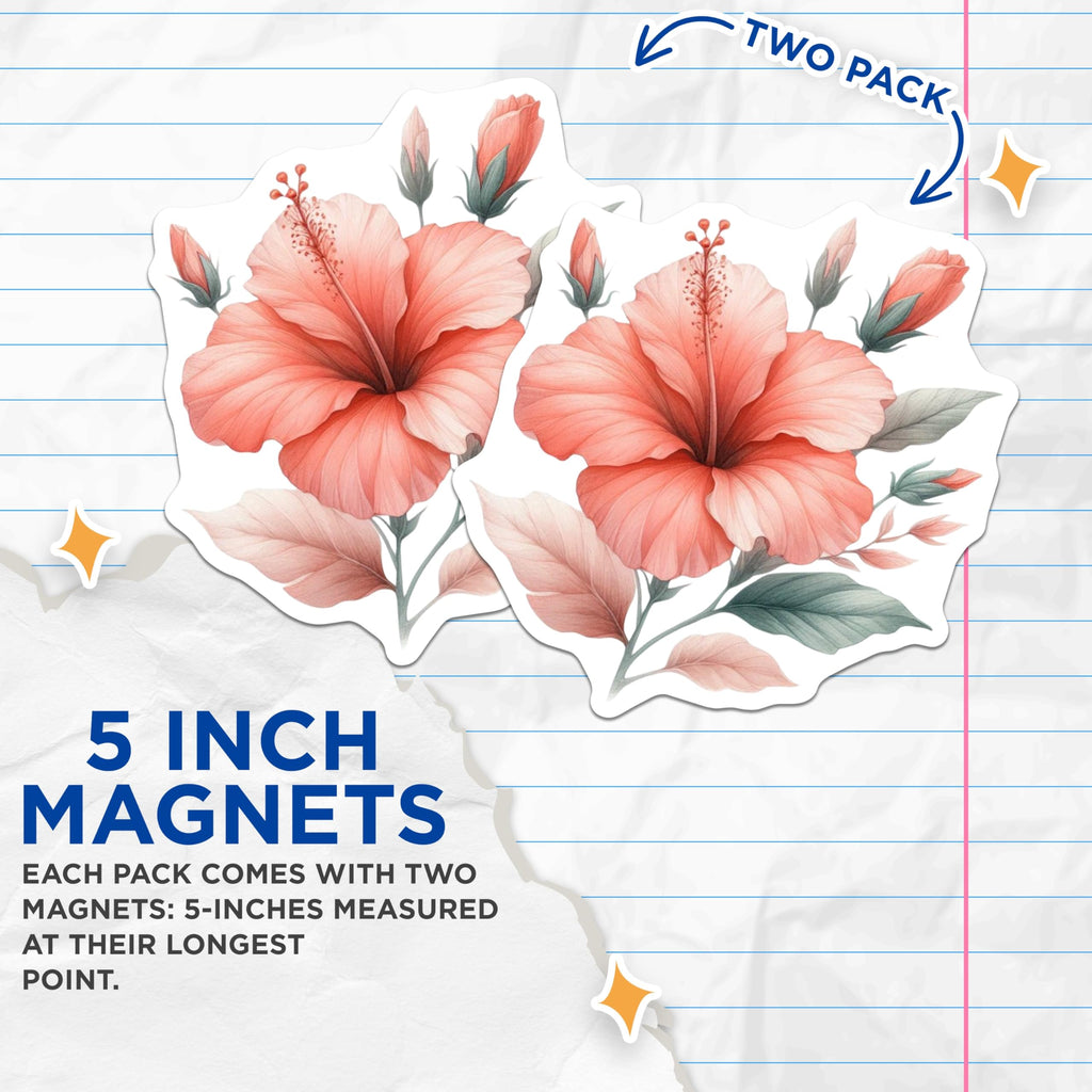 (2 Pack) Hibiscus Flower Magnets - Botanical Art Decor - Tropical Fridge Accessory - 5 Inches On Longest Side - Thick Durable Magnet - Made in USA - MAG21464