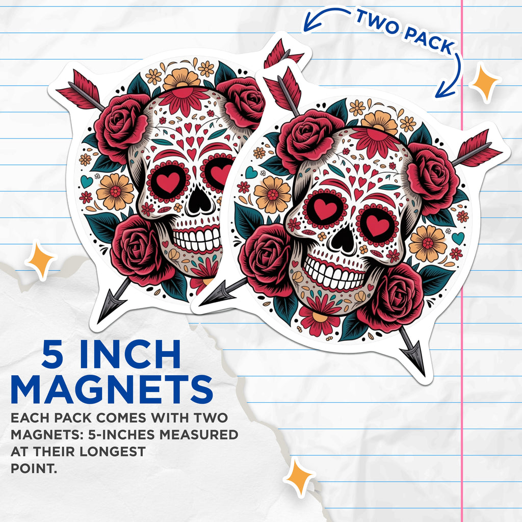 (2 Pack) Sugar Skull Rose Magnets - Dia de Los Muertos Decor - Romantic Gothic Skull Art - 5 Inches On Longest Side - Thick Durable Magnet - Made in USA - MAG39687
