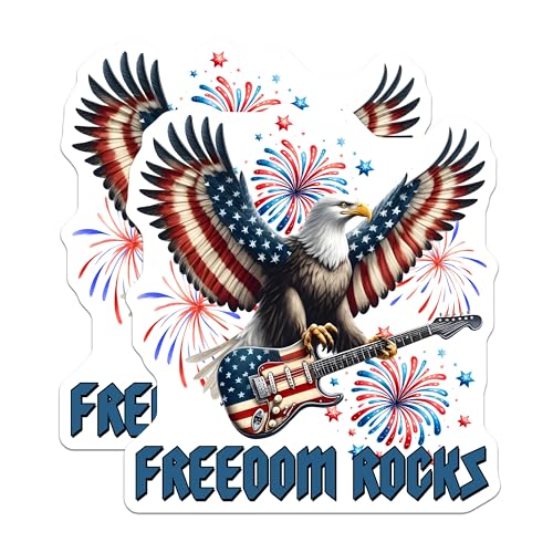 (2 Pack) Freedom Rocks Stickers - Patriotic Eagle Playing Guitar - Fireworks Celebration - 5" On Longest Side - Sticks to Smooth Flat Surfaces - Made in USA - BMCS7414