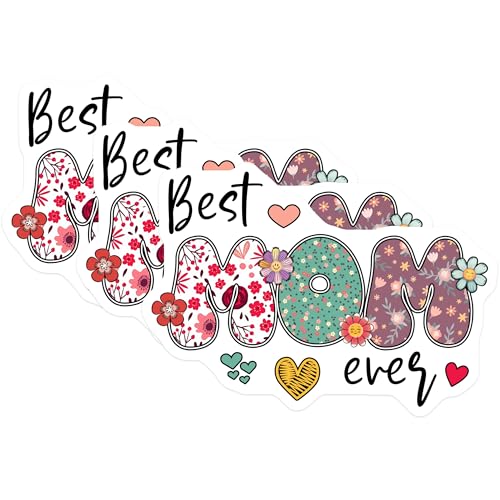 (3 Pack) Best Mom Ever Decals - Floral Mom Sticker - Mothers Day Decal - 3 Inches On Longest Side - Easy Peel & Apply - Made in USA - 3MCS7221