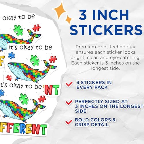 (3 Pack) Autism Whale Decals - Puzzle Piece Decals - It's Okay to be Different Decal - 3 Inches On Longest Side - Easy Peel & Apply - Made in USA - 3MCS7421