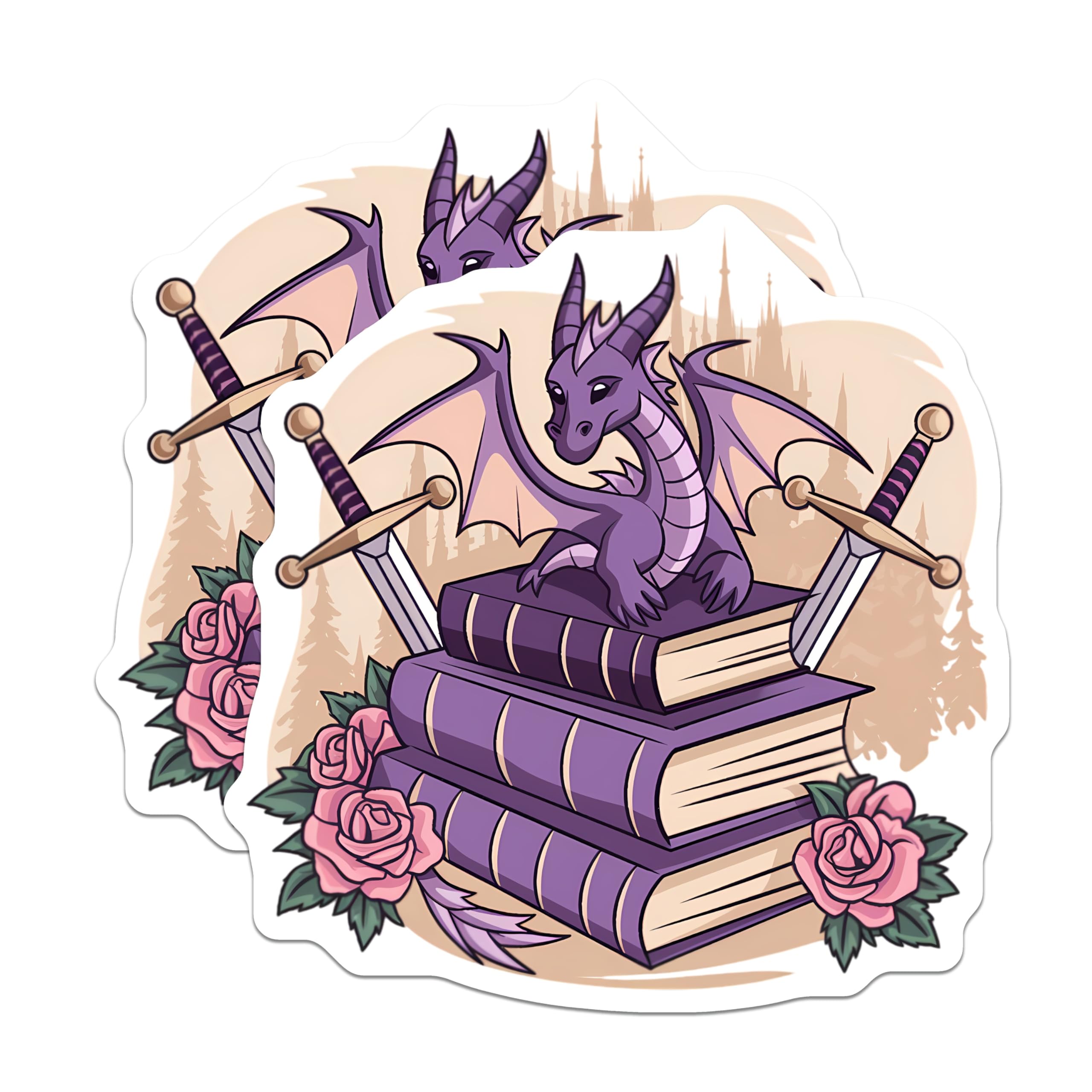 (2 Pack) Majestic Purple Dragon Magnets - Fantasy Books Reading - Ancient Sword Rose Artwork - Magical Castle Decor - 5 Inches On Longest Side - Thick Durable Magnet - Made in USA - MAG22813