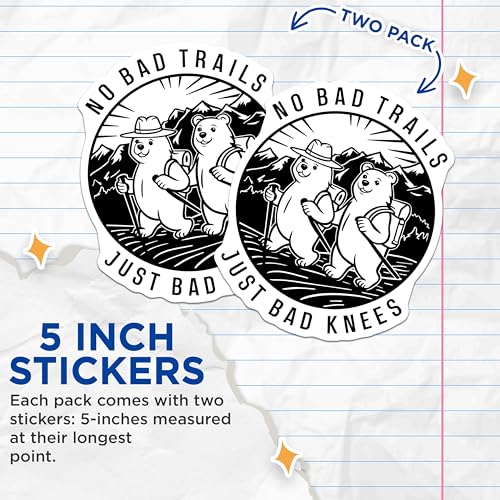 (2 Pack) No Bad Trails Stickers - Hiking Bears Sticker - Outdoor Adventure Sticker - Motivational Hiking Quote Stickers - 5" On Longest Side - Sticks to Smooth Flat Surfaces - Made in USA - BMCS5593