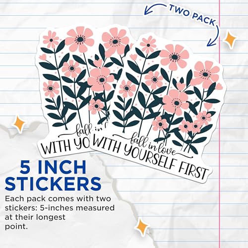 (2 Pack) Fall in Love with Yourself First Stickers - Motivational Quote Stickers - Floral Art Stickers - 5" On Longest Side - Sticks to Smooth Flat Surfaces - Made in USA - BMCS3863