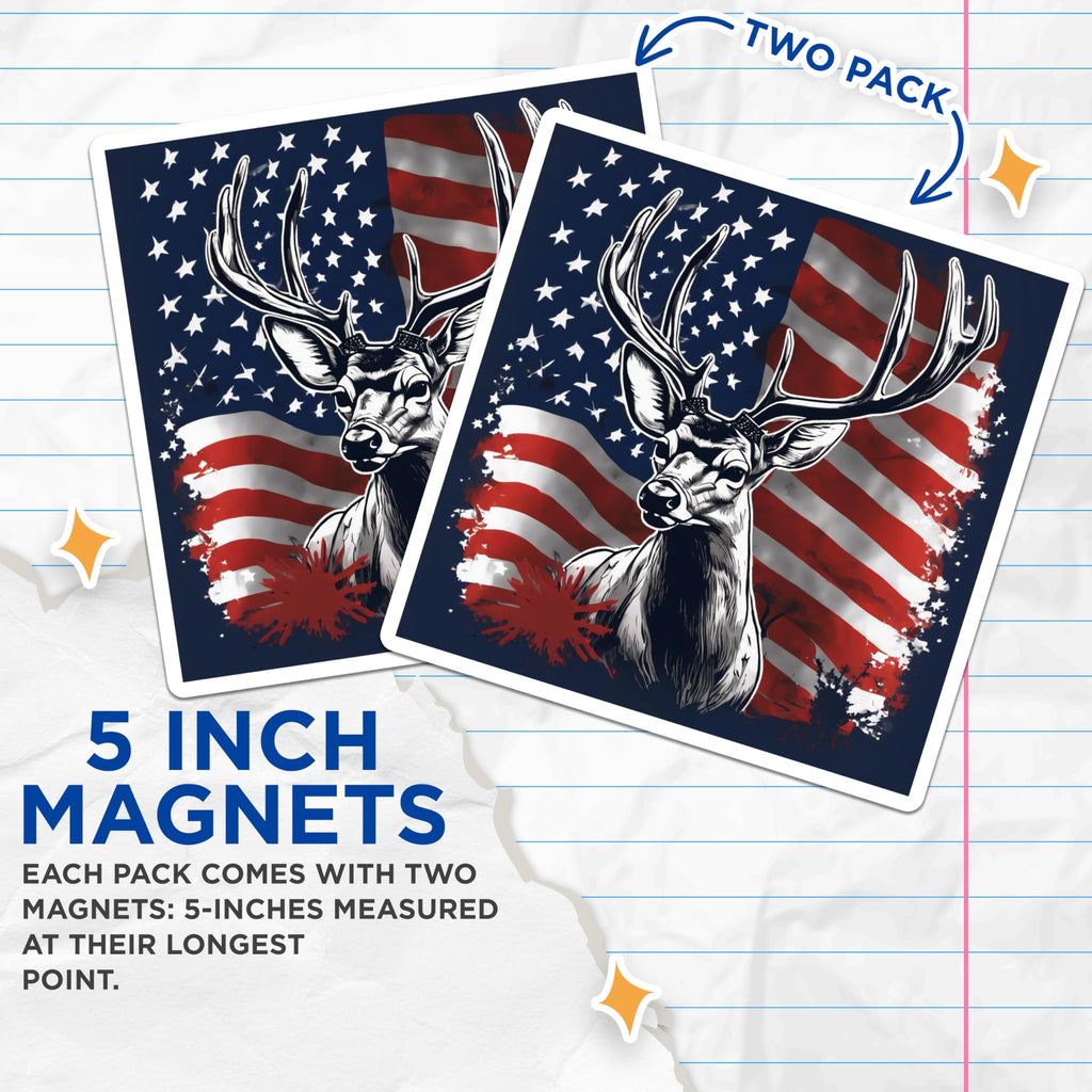(2 Pack) American Flag Deer Magnets - Patriotic Hunter Buck Decor - USA Wildlife Refrigerator Art Accessory - 5 Inches On Longest Side - Thick Durable Magnet - Made in USA - MAG19608