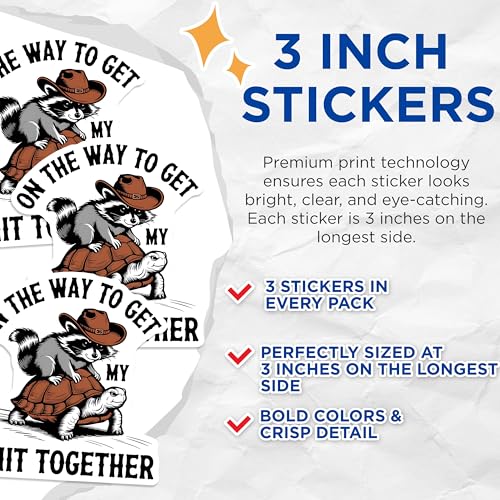 (3 Pack) Raccoon Turtle Decals - Cowboy Hat - Funny Animal Laptop Decal- 3 Inches On Longest Side - Easy Peel & Apply - Made in USA - 3MCS5457