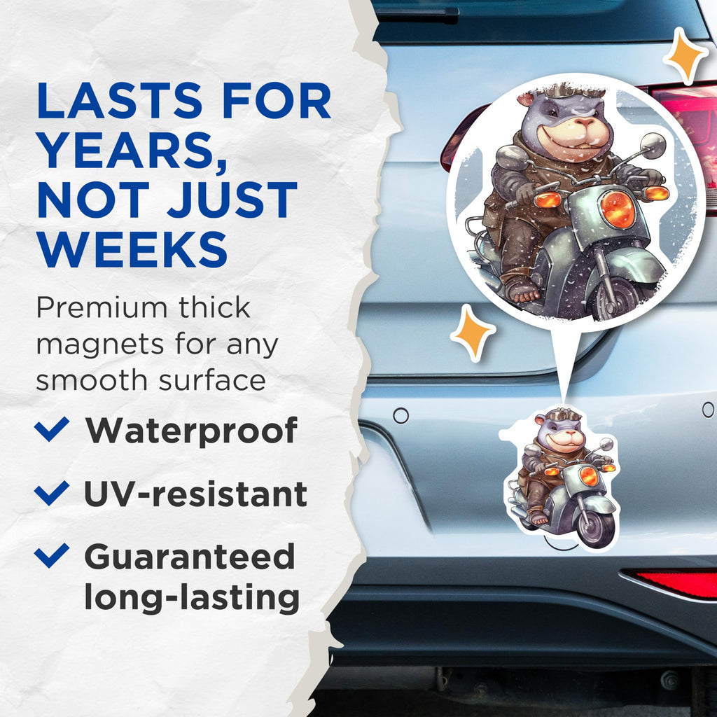 (2 Pack) Hippo on Scooter Magnets - Animal Lover Home Decor - Cartoon Biker Magnets - 5" On Longest Side - Premium Magnet - for Cars, Refrigerators, Toolboxes, Lockers - Made in USA - MAG16789