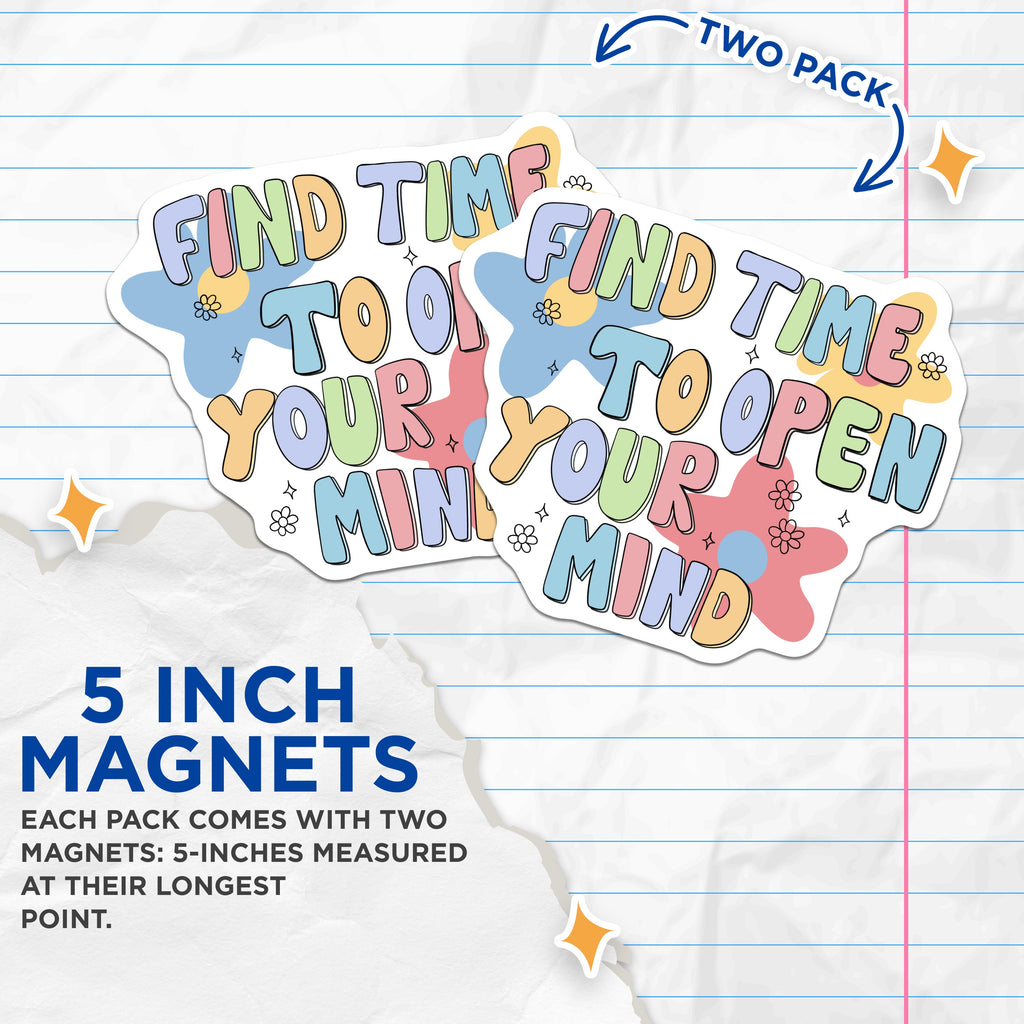 (2 Pack) Find Time to Open Your Mind Magnets - Inspirational Quote - Retro Groovy Decor - Mental Health Self Care - College Student Dorm - 5" - Durable Magnet - Made in USA - MAG37362