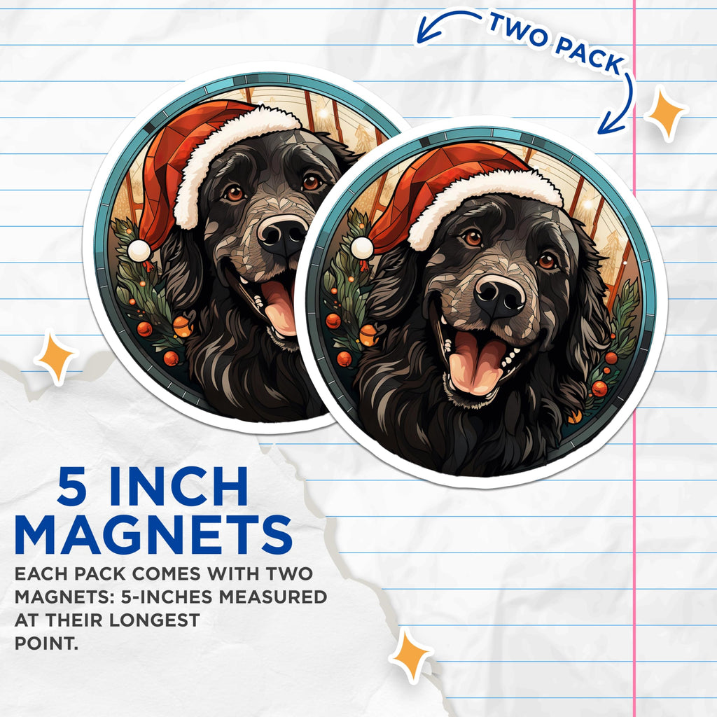 (2 Pack) Christmas Dog Magnets - Happy Black Dog Decor - Holiday Stained Glass Pet Art - 5 Inches On Longest Side - Thick Durable Magnet - Made in USA - MAG25961