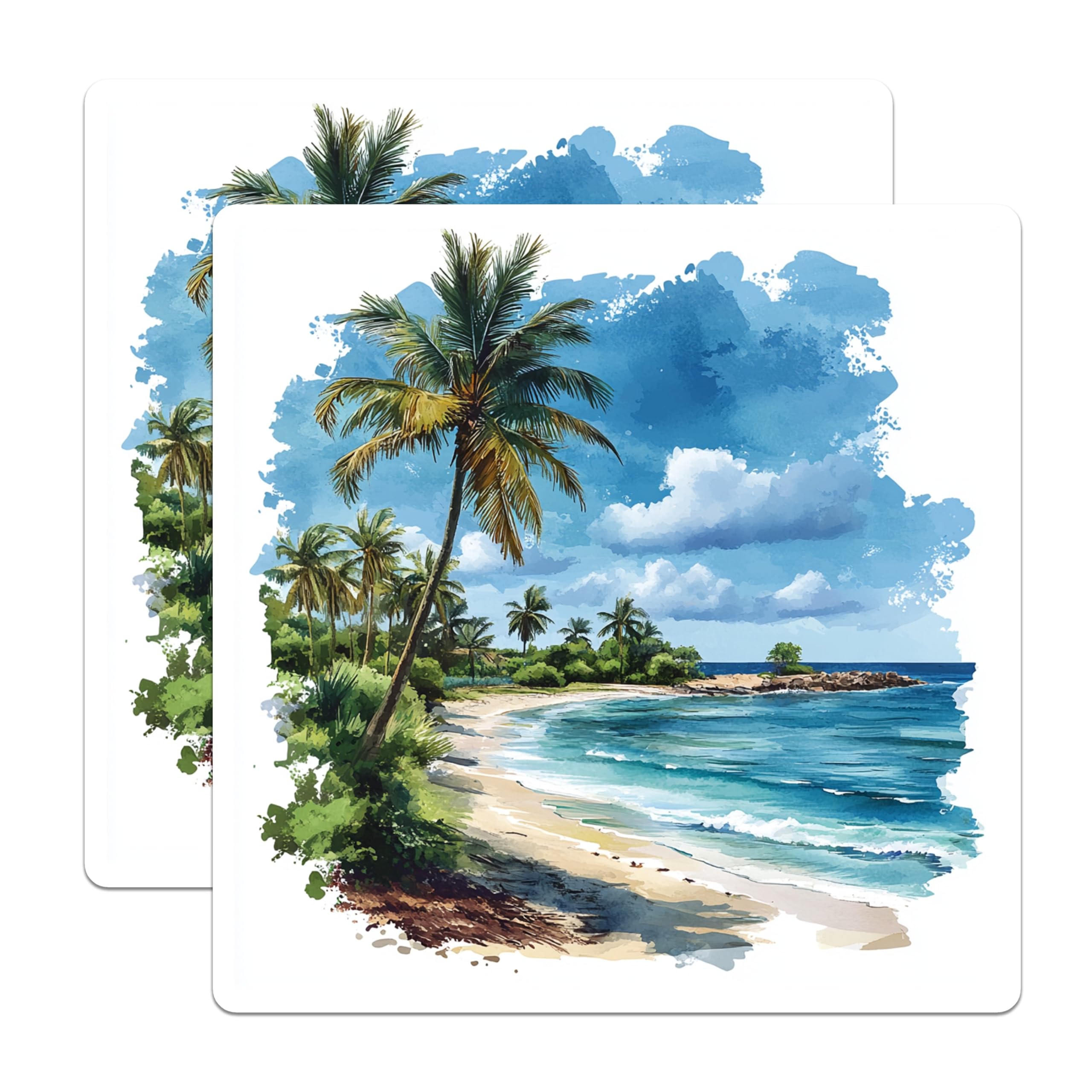 (2 Pack) Tropical Beach Magnets - Palm Tree Island Scenery - Ocean Wave Decor - Coastal Watercolor Art Print - 5 Inches On Longest Side - Thick Durable Magnet - Made in USA - MAG23465