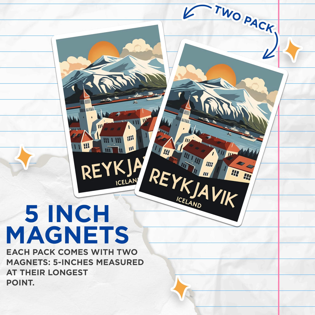 (2 Pack) Reykjavik Iceland Magnets - Iconic Nordic Travel Souvenir - Mountain Lake Townscape Art Decoration - 5 Inches On Longest Side - Thick Durable Magnet - Made in USA - MAG19023