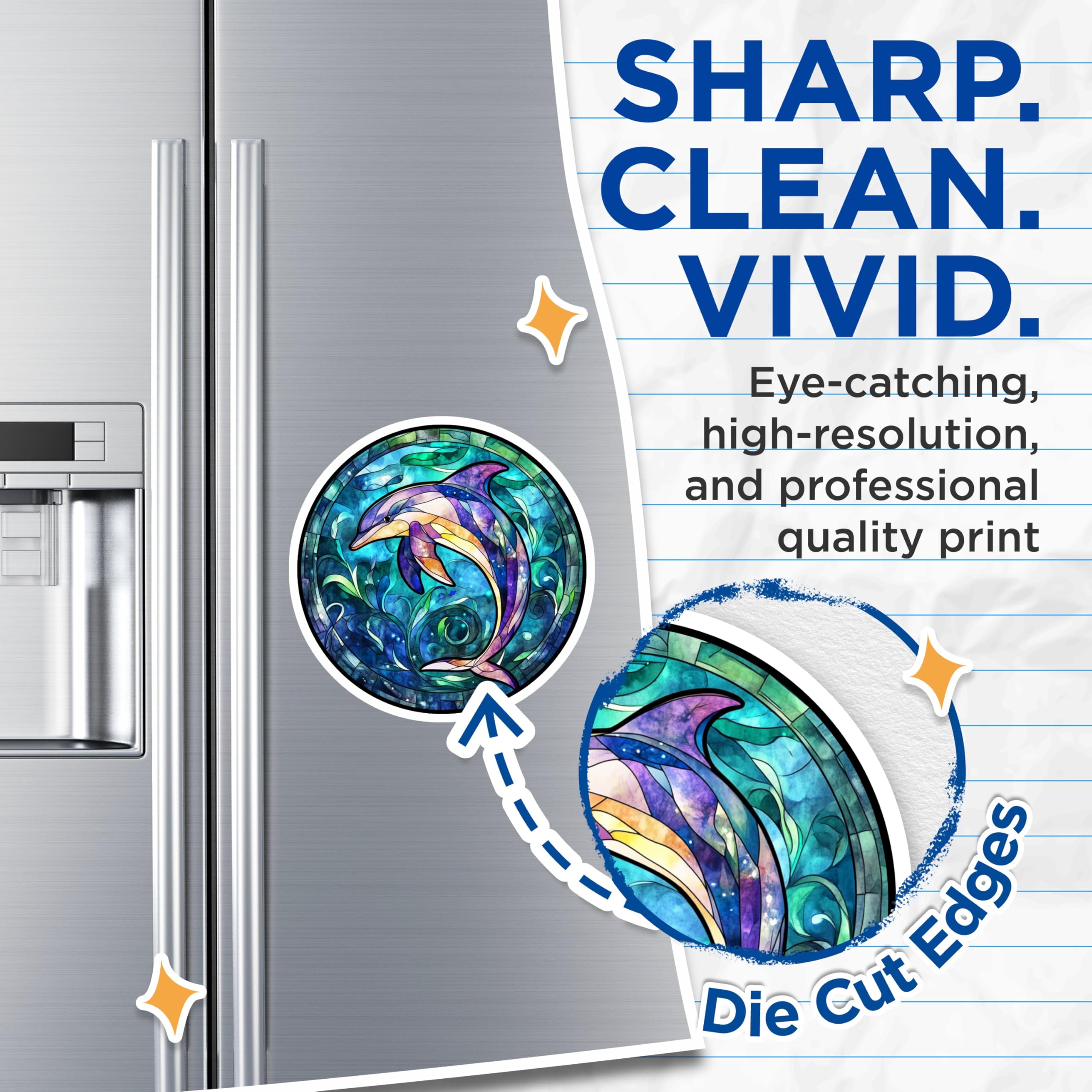 (2 Pack) Stained Glass Dolphin Magnets - Vibrant Ocean Animal Art - Marine Life Fridge Decor - Aquatic Aesthetic Accents - 5 Inches On Longest Side - Thick Durable Magnet - Made in USA - MAG30416