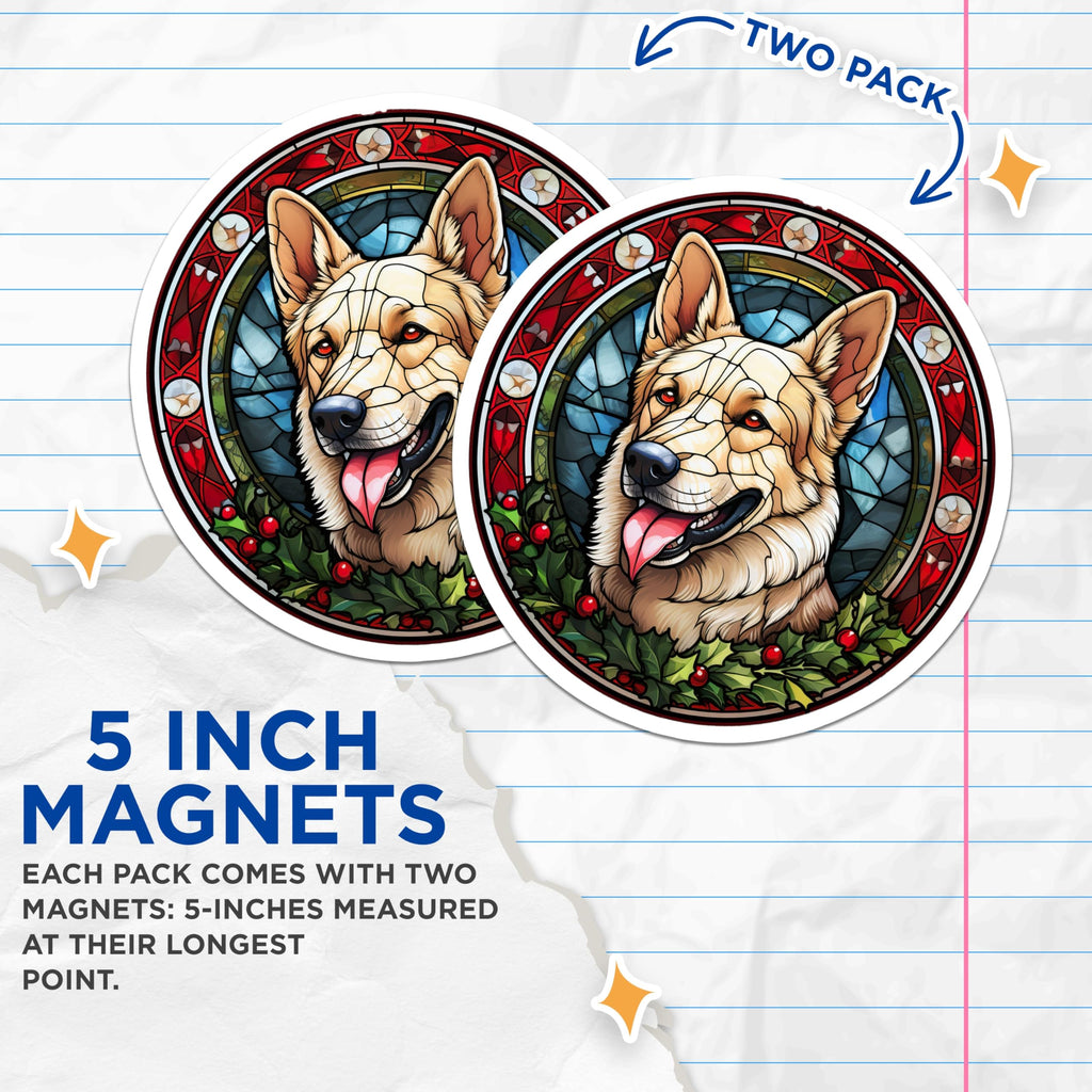 (2 Pack) German Shepherd Magnets - Stained Glass Dog - Christmas Pet Decor - Holiday Fridge Decoration - 5 Inches On Longest Side - Thick Durable Magnet - Made in USA - MAG29936
