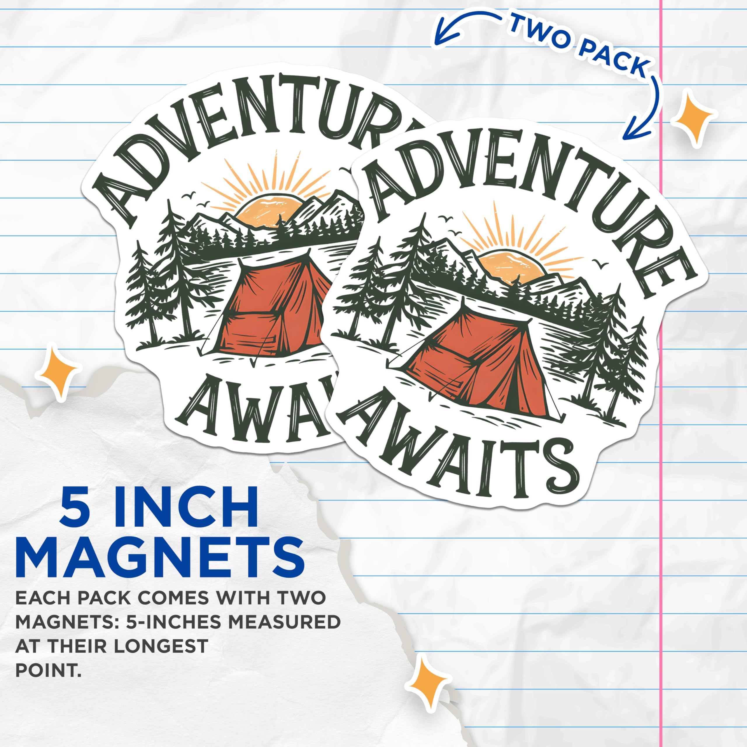 (2 Pack) Adventure Awaits Magnets - Camping Scene Tent - Mountain Landscape Nature Decor - 5 Inches On Longest Side - Thick Durable Magnet - Made in USA - MAG19148