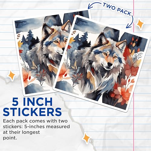 (2 Pack) Wolf Art Stickers - Animal Illustration - Nature Inspired - 5" On Longest Side - Sticks to Smooth Flat Surfaces - Made in USA - BMCS8712