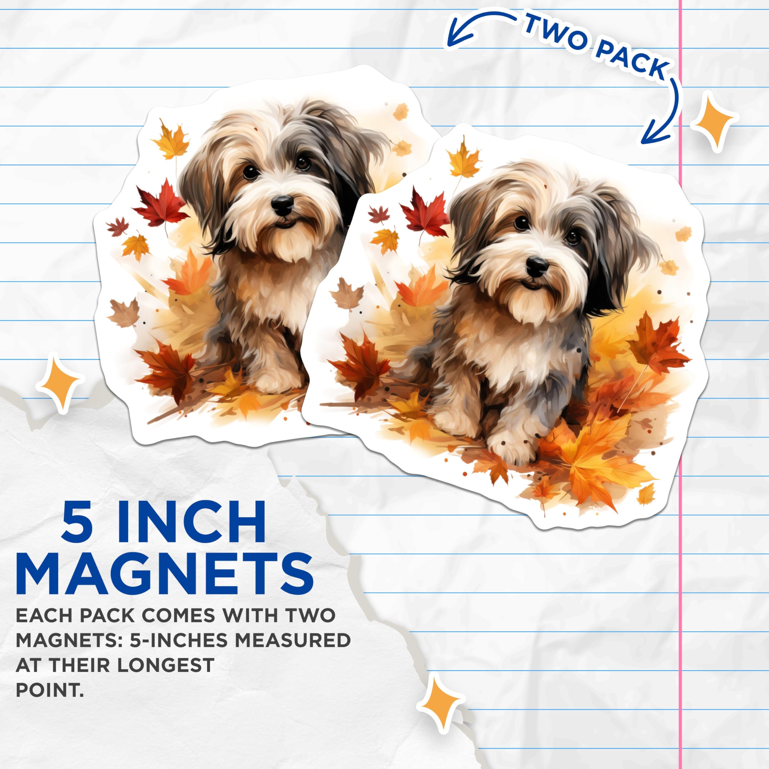 (2 Pack) Cute Autumn Dog Magnets - Fall Puppy Refrigerator Decor - Pet Owner Kitchen Accessory - 5 Inches On Longest Side - Thick Durable Magnet - Made in USA - MAG30002