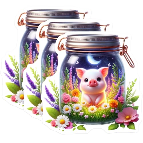 (3 Pack) Pig in Jar Decals - Cute Animal Sticker - Floral Illustration Decals - 3 Inches On Longest Side - Easy Peel & Apply - Made in USA - 3MCS8131