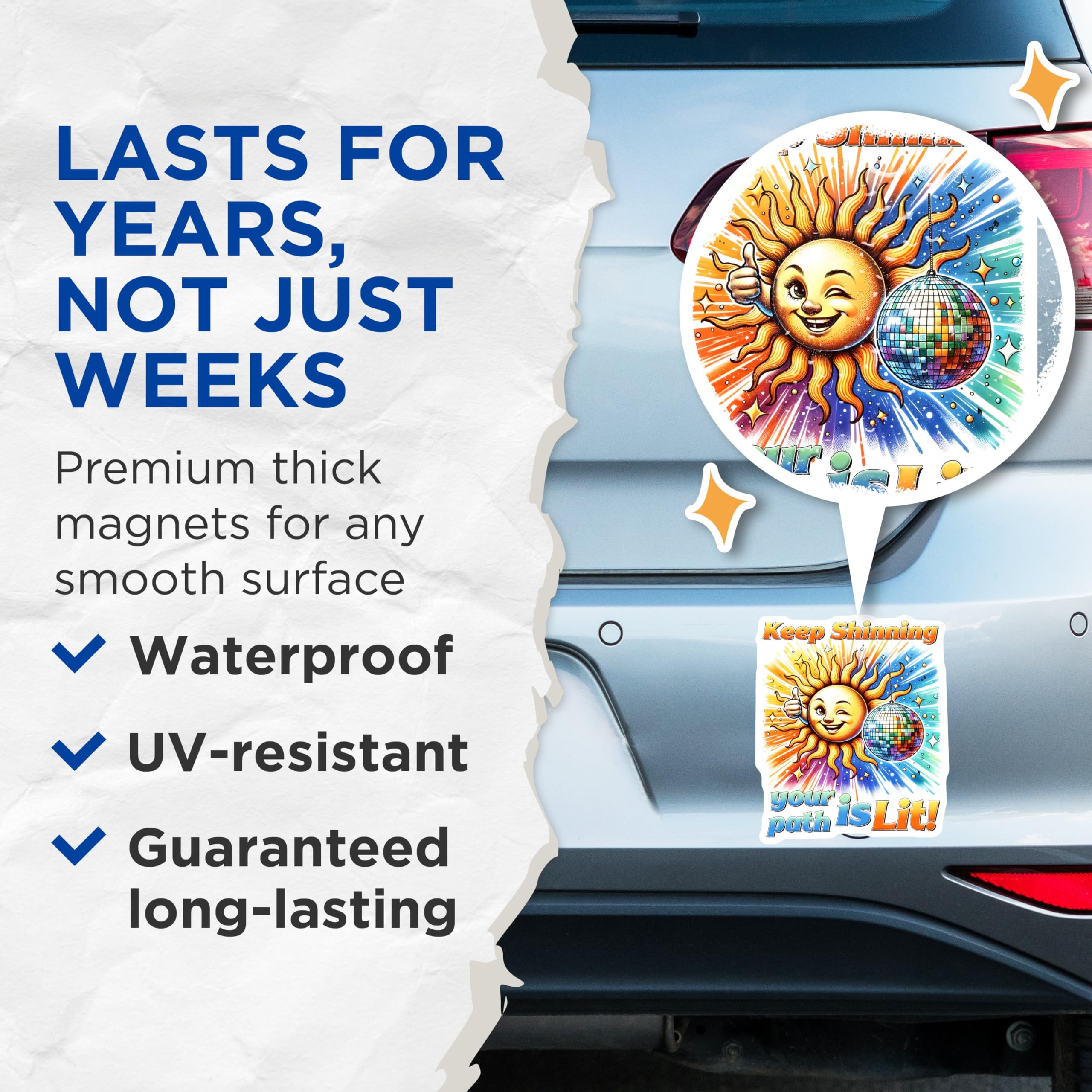(2 Pack) Keep Shining Magnets - Inspirational Sun - Disco Ball Art - Motivational Phrase - 5" On Longest Side - for Cars, Refrigerators, Toolboxes, Lockers - Made in USA BMCS3231