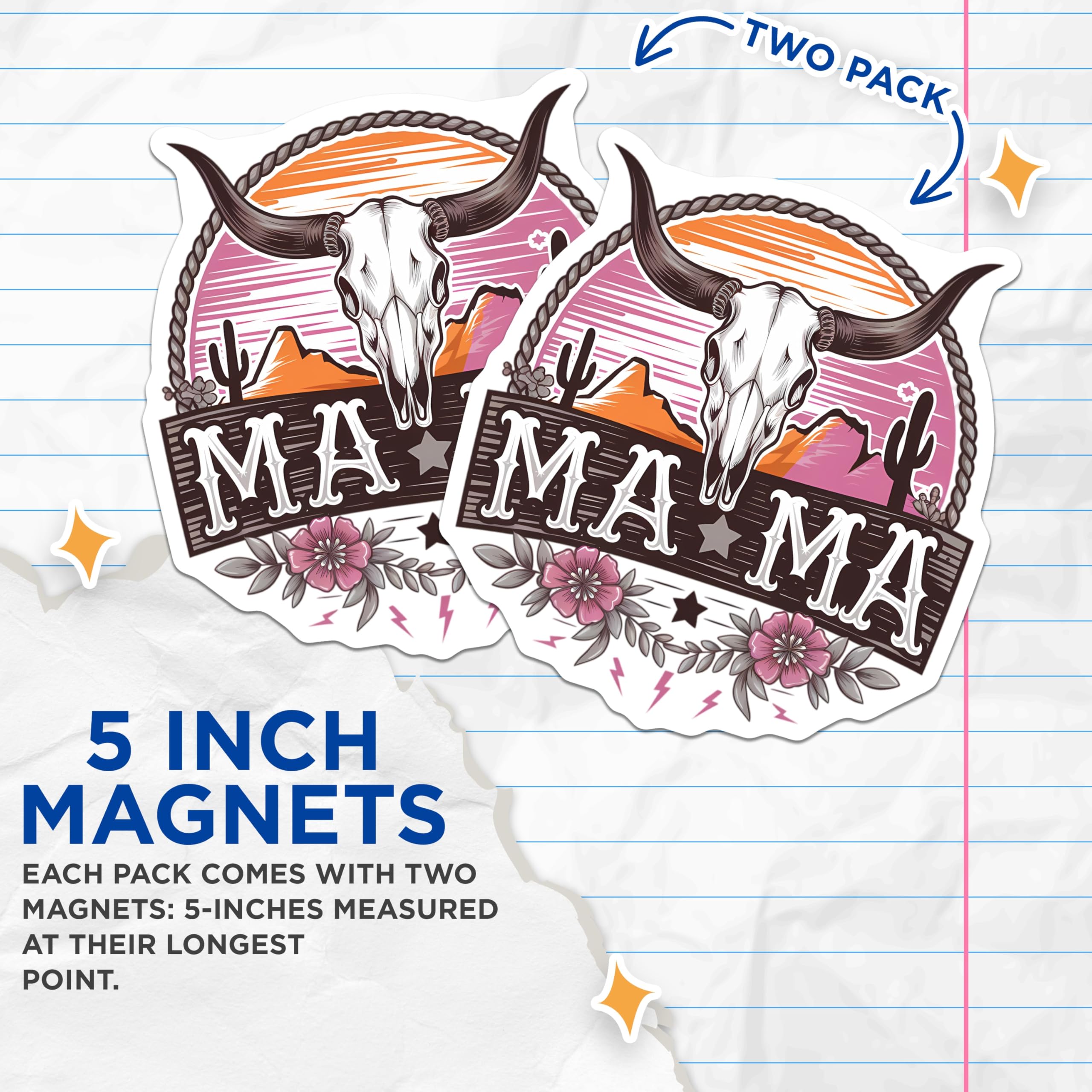 (2 Pack) Mama Skull Magnets - Western Desert Landscape - Boho Cowgirl Cactus Floral Rustic Magnet Pack - 5 Inches On Longest Side - Thick Durable Magnet - Made in USA - MAG20177