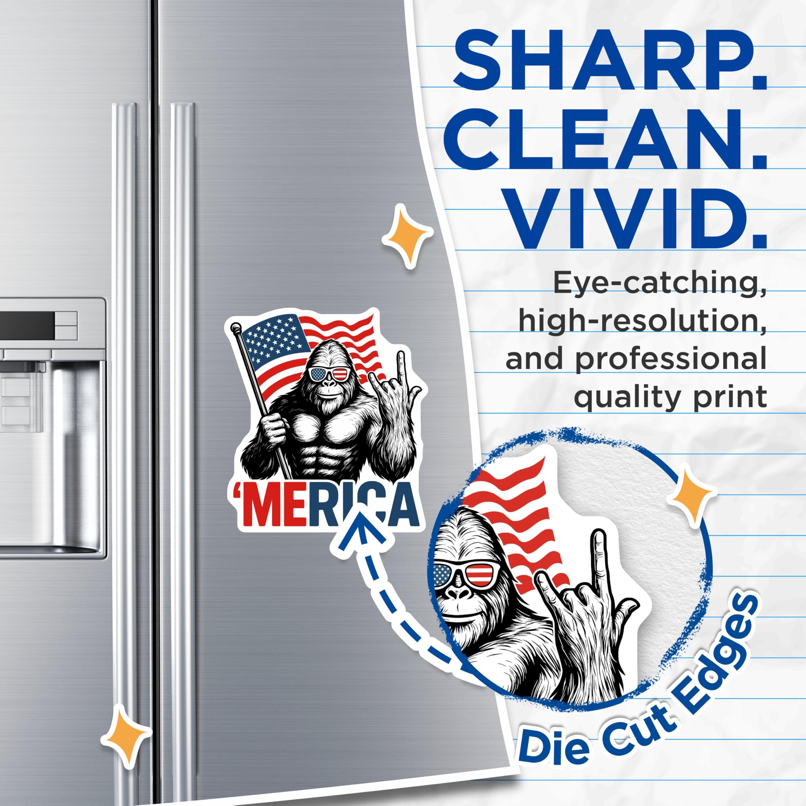 (2 Pack) Merica Bigfoot Magnets - Patriotic Sasquatch Decor - USA Flag Rocker Fridge - Fourth of July Accents - 5 Inches On Longest Side - Thick Durable Magnet - Made in USA - MAG20547