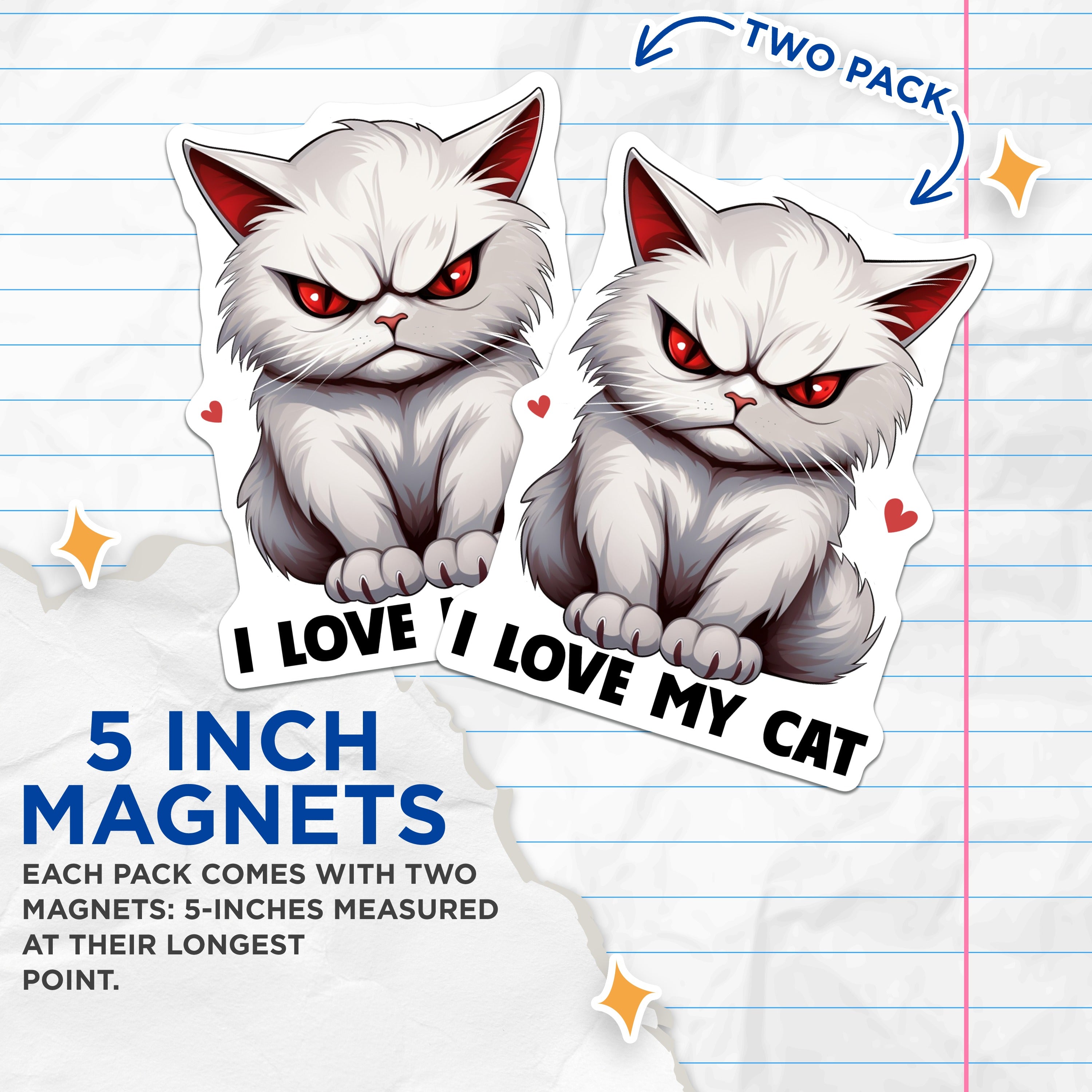 (2 Pack) Grumpy Cat Magnets - Funny Cat Lover Fridge Decor - White Cat Art for Pet Owners - 5 Inches On Longest Side - Thick Durable Magnet - Made in USA - MAG38118