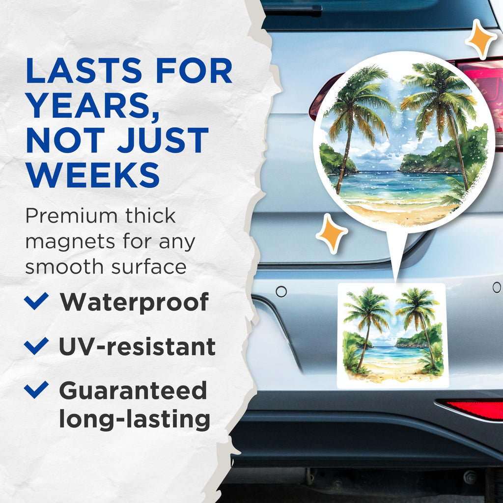 (2 Pack) Tropical Beach Magnets - Watercolor Palm Tree Scene - Island Paradise Decor - Ocean View Art - 5 Inches On Longest Side - Thick Durable Magnet - Made in USA - MAG23850