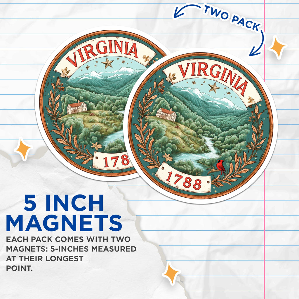 (2 Pack) Virginia State Seal Magnets - Cardinal Bird Scene - 1788 Landmark Accent - 5" On Longest Side - Premium Magnet - for Cars, Refrigerators, Toolboxes, Lockers - Made in USA - MAG15948