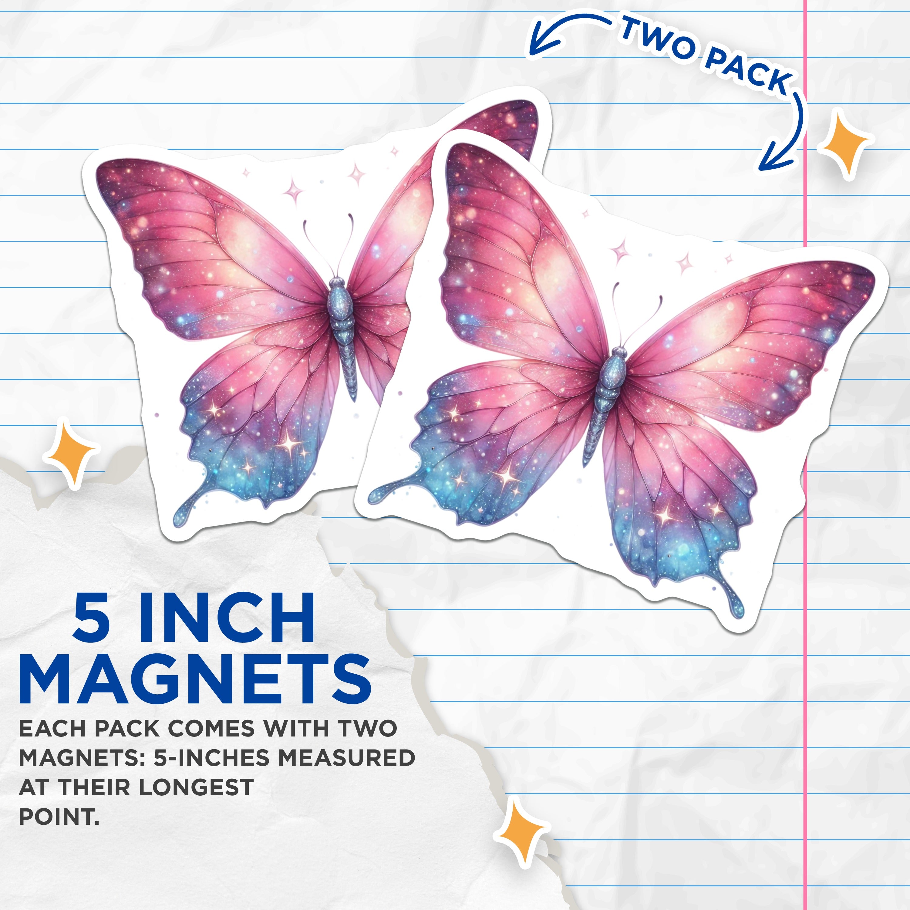 (2 Pack) Galaxy Butterfly Magnets - Celestial Dreamy Aesthetic Decor - Pink Blue Purple Whimsical Art - 5 Inches On Longest Side - Thick Durable Magnet - Made in USA - MAG39351