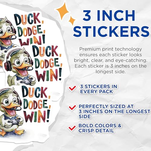 (3 Pack) Duck Dodge Win Decals - Gamer Duck - Gaming Decals - Laptop Decal - 3 Inches On Longest Side - Easy Peel & Apply - Made in USA - 3MCS7314