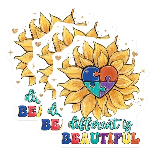 (3 Pack) Autism Awareness Decals - Puzzle Heart Sunflower - Different is Beautiful Stickers - 3 Inches On Longest Side - Easy Peel & Apply - Made in USA - 3MCS2927